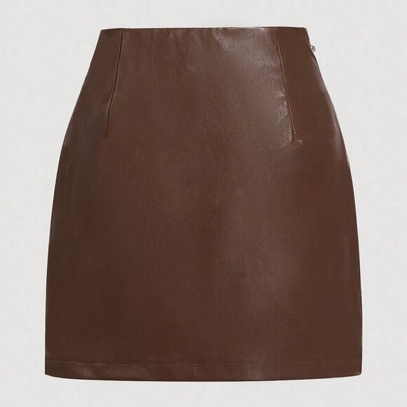 Brown Casual Women's Side Slit Metallic Trim Faux Leather A-Line skirt - Picture 2 of 4